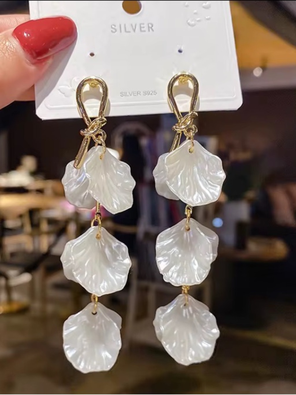 *** Adore Gold Drop Earrings with White Mother-of-Pearl Petal Drops